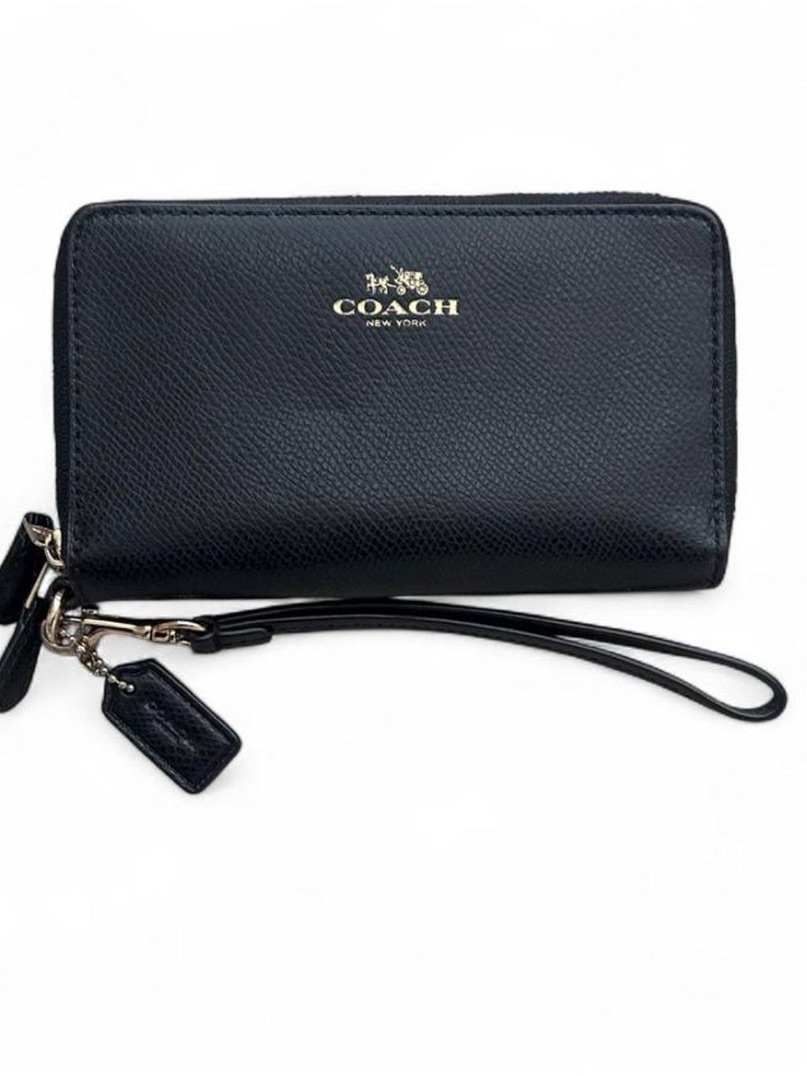 Coach Black Pebbled Leather Zip Wallet With Gold Logo